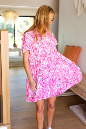 Pink Floral & Paisley V Neck Babydoll Dress