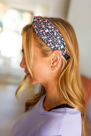 Navy Blue Floral Print Top Knot Headband