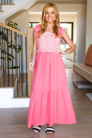 More Than Lovely Coral Floral Embroidery Dot Maxi Dress