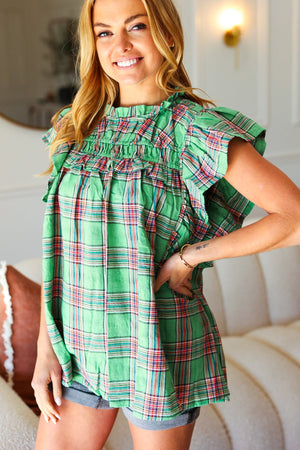 Live For Today Green Plaid Shirred Yoke Flutter Sleeve Top