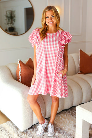 A True Beauty Pink Gingham Check Ruffle Sleeve Dress