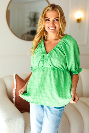Feeling Strong Kelly Green Textured V Neck Babydoll Top