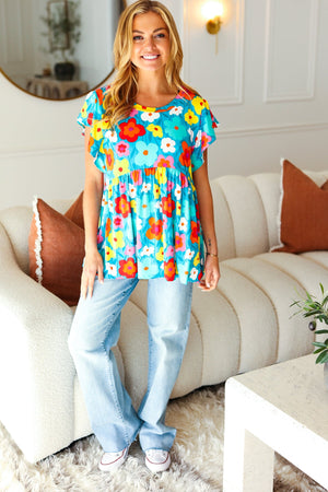 Out For Love Blue Floral Print Ruffle Sleeve Babydoll Top