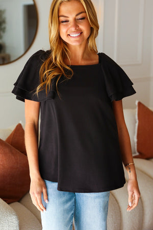 Feel The Love Black Double Ruffle Sleeve Square Neck Ribbed Top