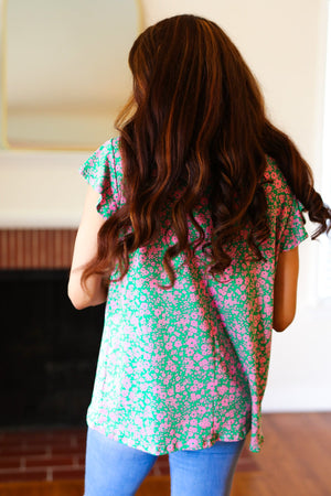 Dreamy Green & Pink Floral Yoke Ruffle Short Sleeve Top