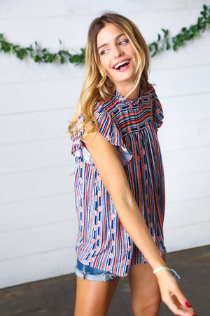 Navy & Orange Boho Stripe Flutter Sleeve Top