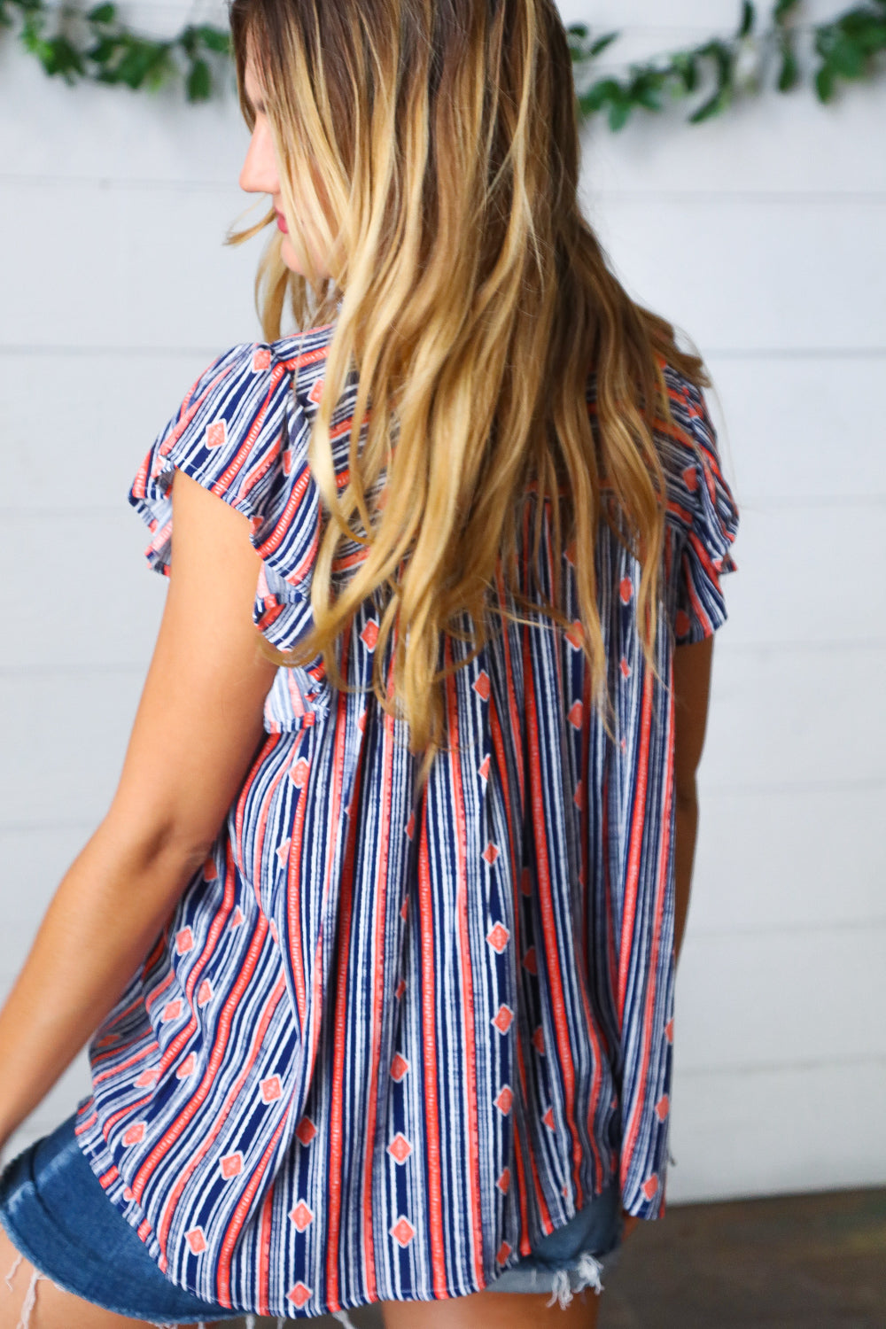 Navy & Orange Boho Stripe Flutter Sleeve Top