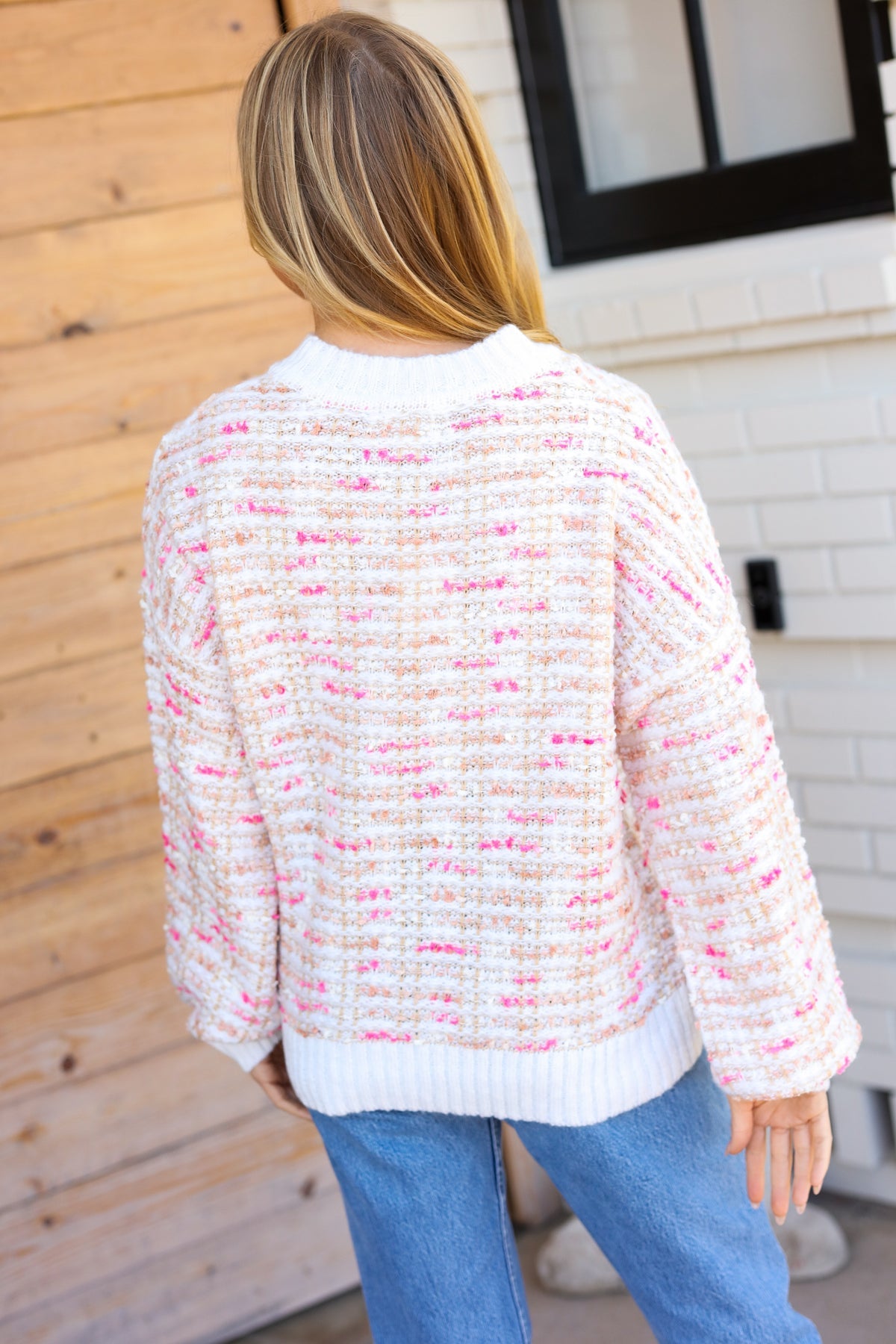 Weekend Ready Cream & Pink Tweed Knit Sweater