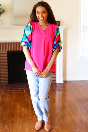 Tell Your Story Fuchsia Geo Print Puff Sleeve V Neck Top