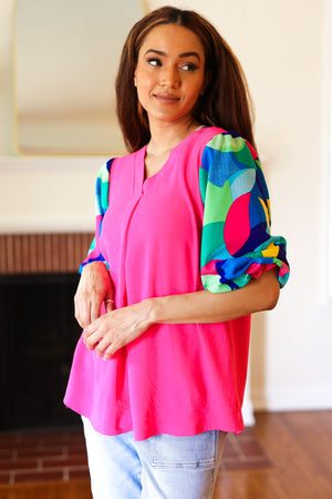 Tell Your Story Fuchsia Geo Print Puff Sleeve V Neck Top