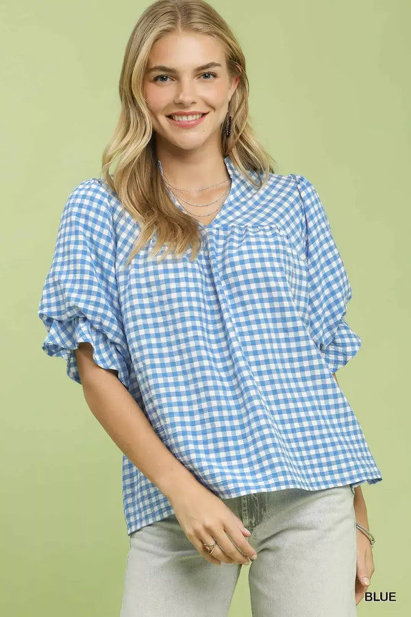 Gingham Check Blouse with Ruffle Sleeves - Knitted Belle Boutique
