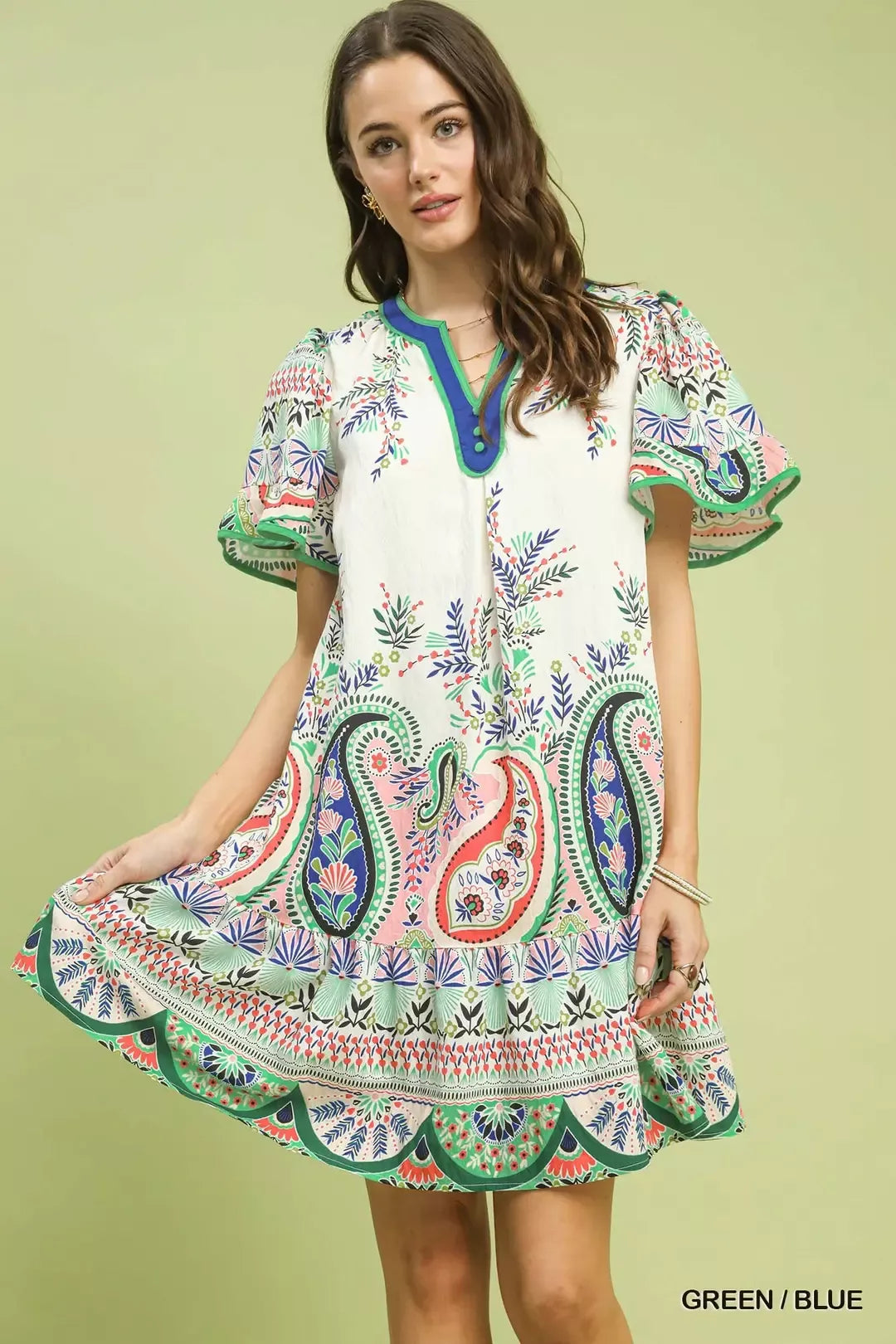 Paisley Flutter Sleeve Mini Dress