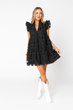 Aubrey Ruffle Shoulder Short Dress - Black