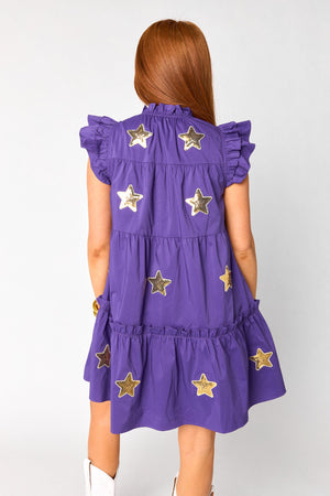 Aubrey Ruffle Shoulder Short Dress - Gold/Purple