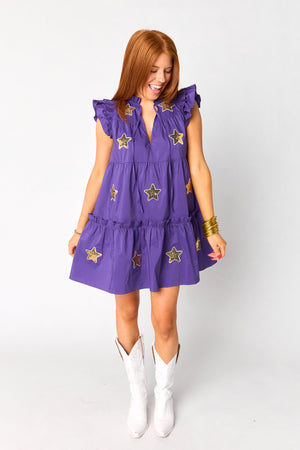 Aubrey Ruffle Shoulder Short Dress - Gold/Purple