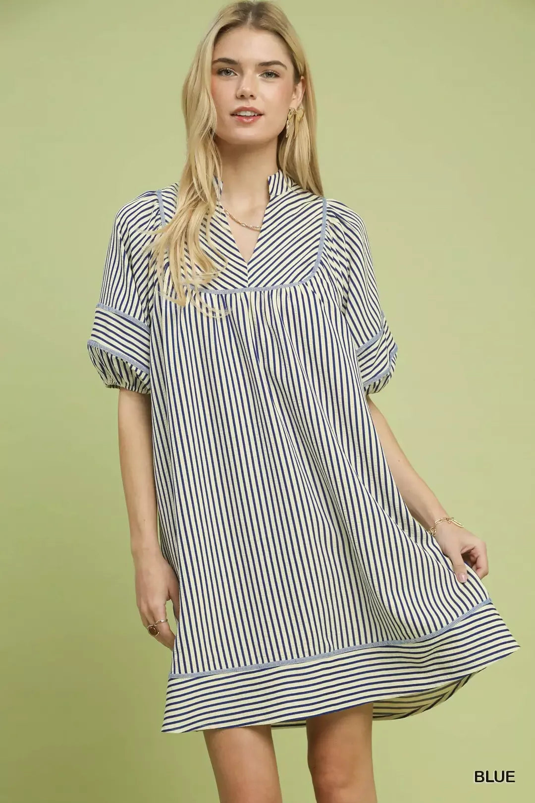 modern puff sleeve dress Striped Puff Sleeve Shift Dress