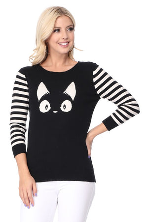 Kitty Cat Jacquard Casual Crewneck PulloverSweater