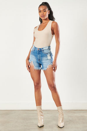 Distressed Vintage Wash Denim Shorts - Vibrant M.i.U