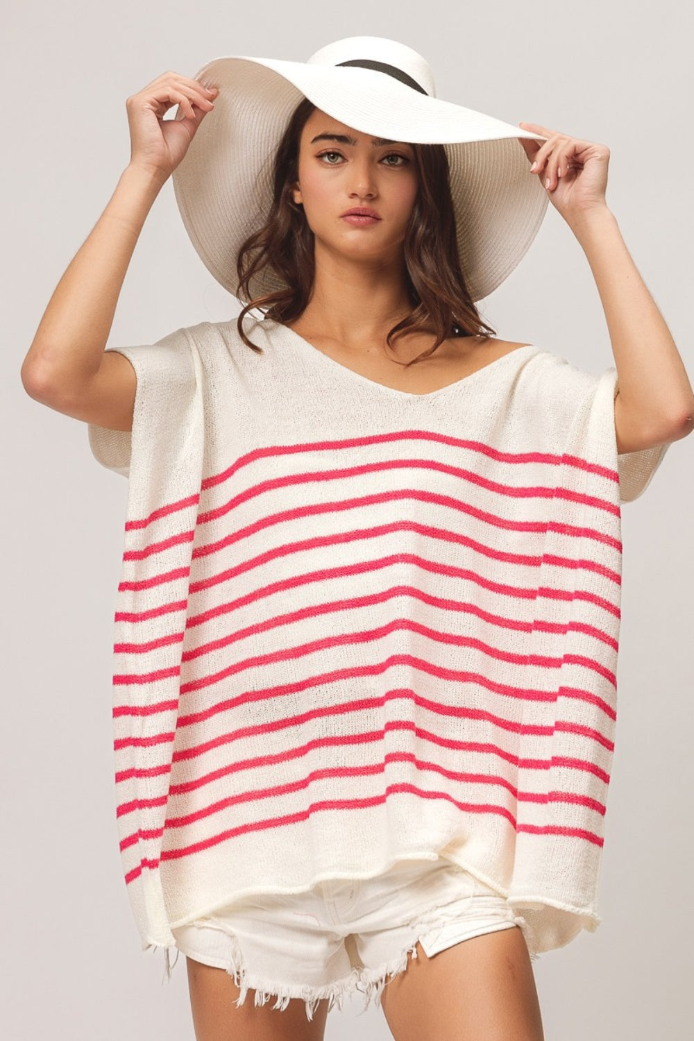 V-Neck Striped Short Sleeve Top - Fuchsia