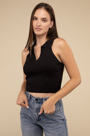 Sleeveless Collared Crop Knit Top