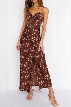 Satin Floral Print Maxi Dress - Black, Brown, Red