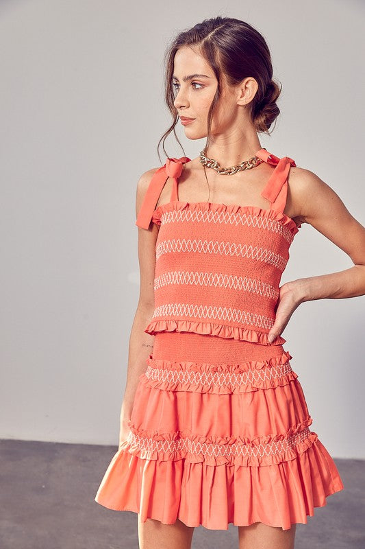 Smocked Bow Strap Top - Coral
