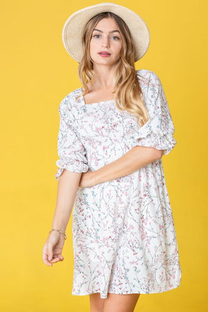 Branch Floral Squared Neck Mini Dress