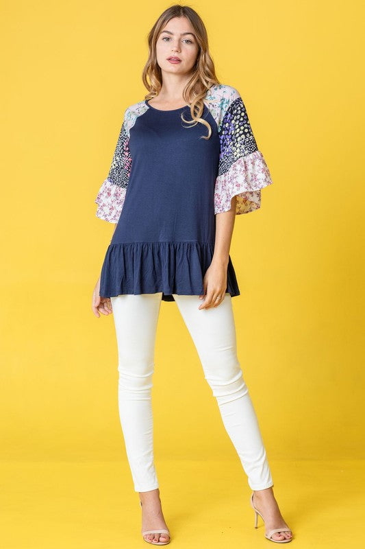 Mix Pattern Circular Flounce Sleeve Tunic