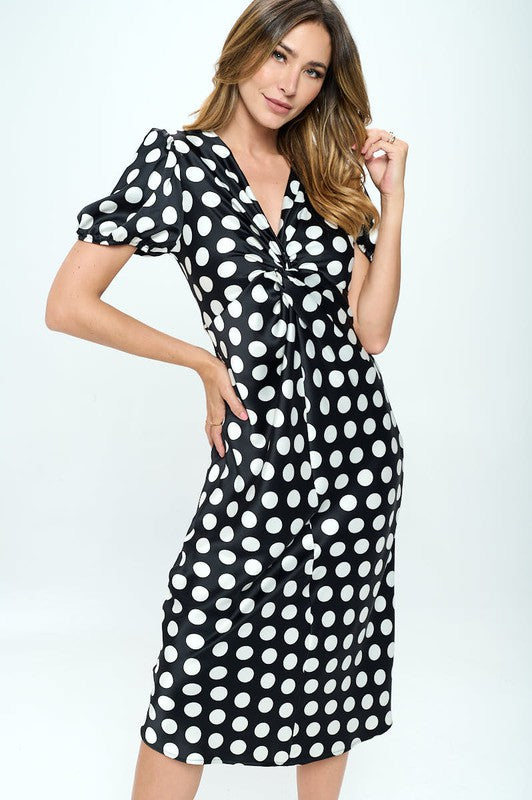 Stretch Satin Polka Dot Print Midi Dress