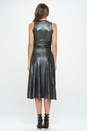 Metallic Solid Deep V Neck Lined Dress with Slit