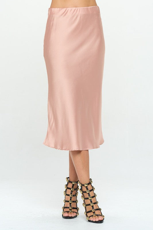 Made in USA Solid Stretch Satin Midi Skirt