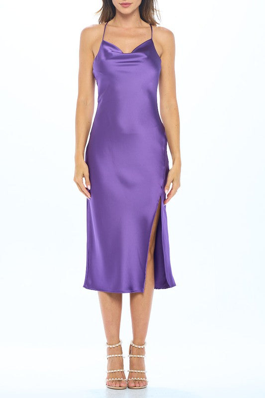 Made in USA Satin Bias Slip Dress with Slit - Knitted Belle Boutique Made in USA Satin Bias Slip Dress with Slit - Knitted Belle Boutique