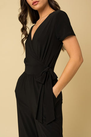 Solid Surplice Cropped Jumpsuit with Faux Wrap