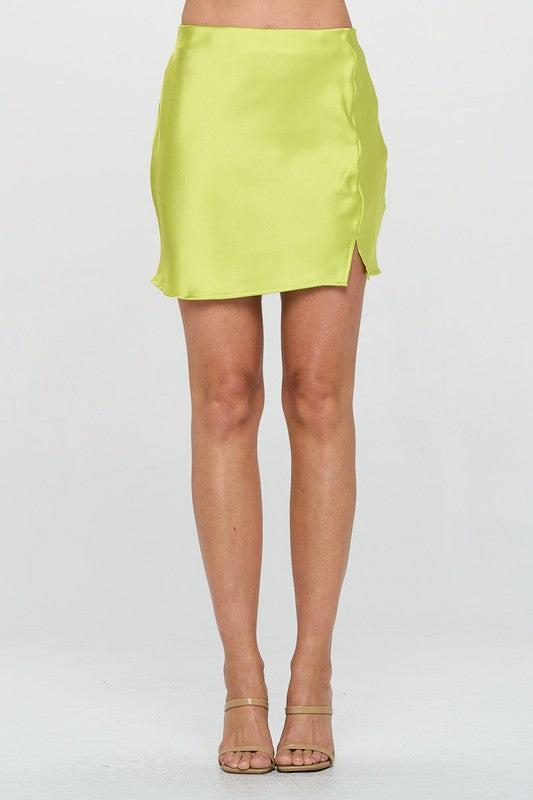 Solid Satin Mini Skirt with Slit