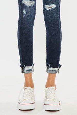 High Rise Button Down Cuffed Ankle Skinny Jeans