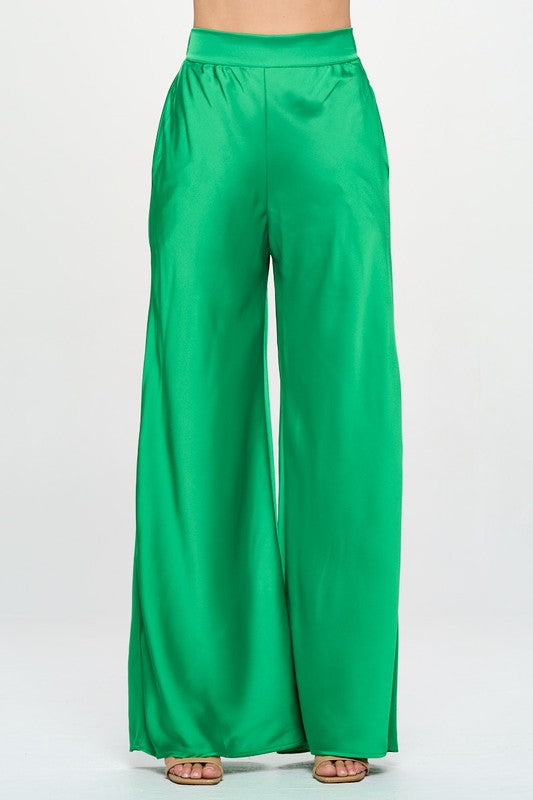 Stretch Satin Pants w/ Elastic Waist and Pockets