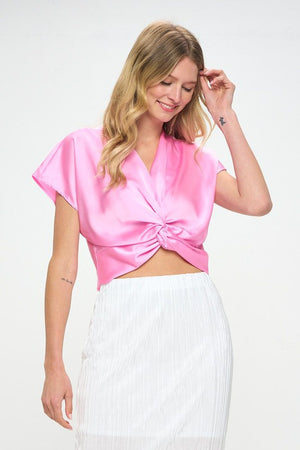 Satin Short Sleeve Top with Front Twist