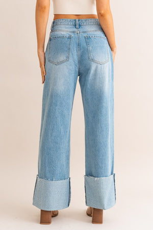 High-Waisted Wide Leg Cuffed Jeans