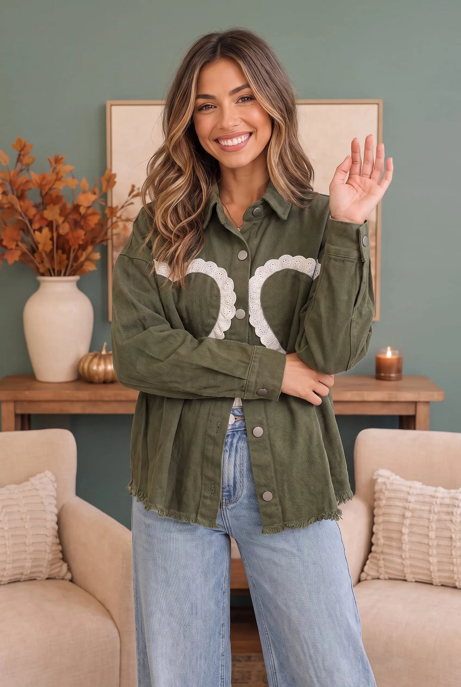 I Heart You Lace Applique Corduroy Shacket