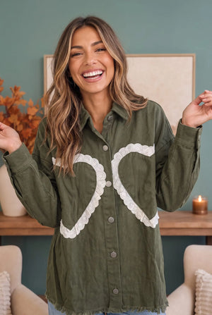 I Heart You Lace Applique Corduroy Shacket