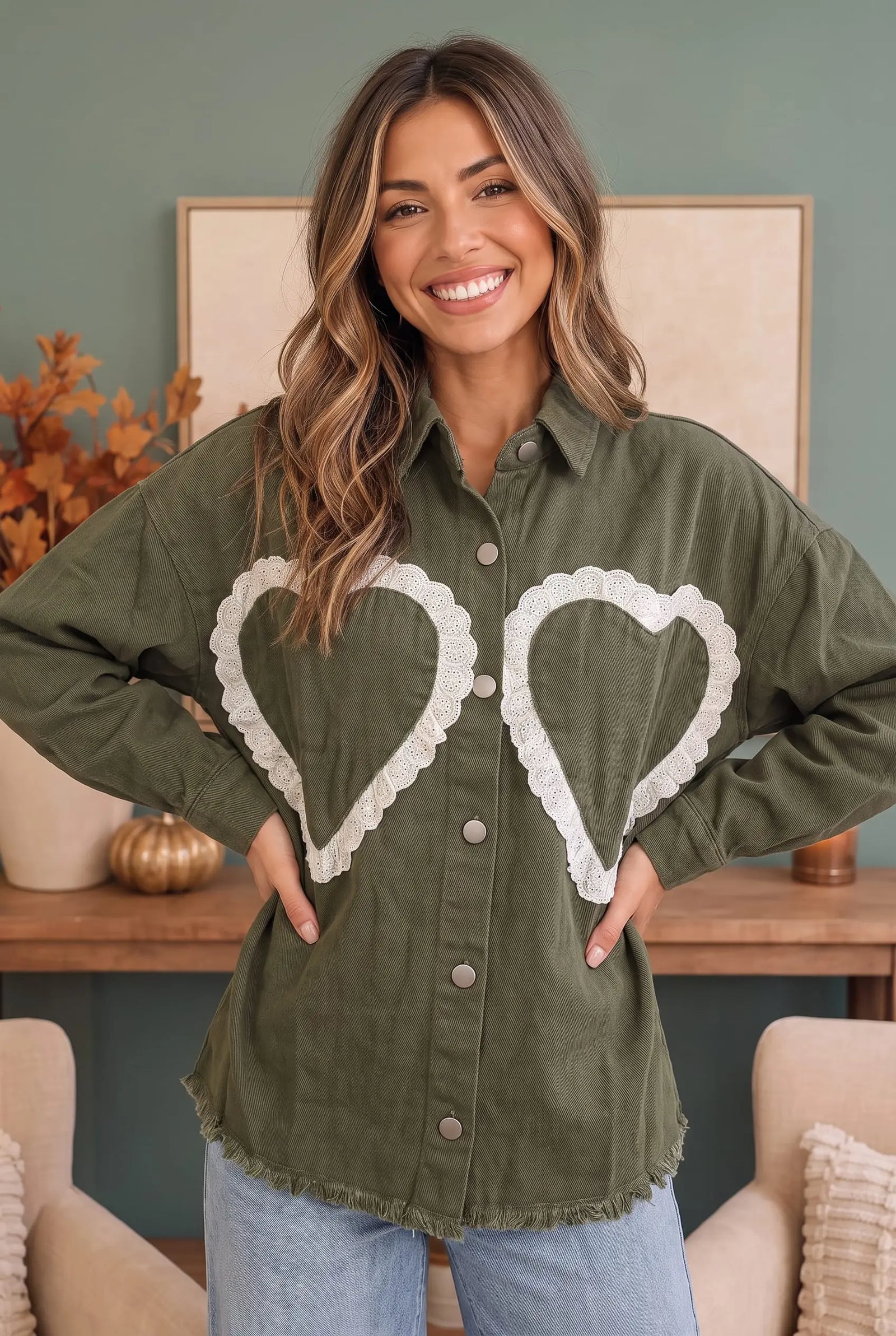 I Heart You Lace Applique Corduroy Shacket