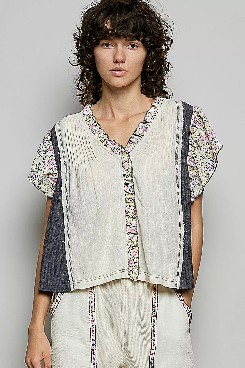 V-Neck Floral Ruffle Sleeve Blouse