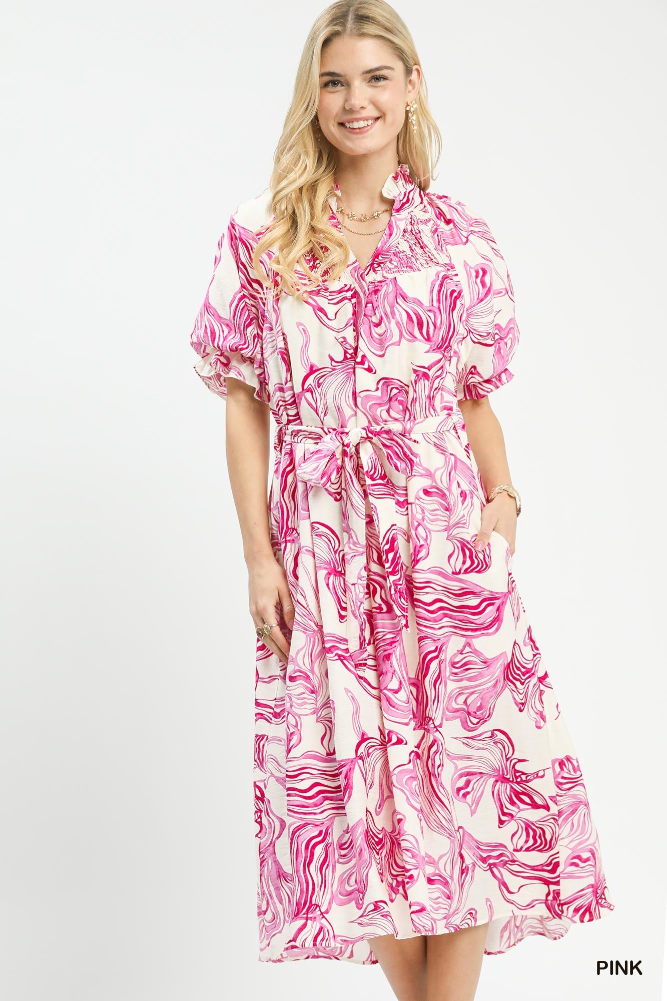 floral smocked tie waist midi dress Umgee Abstract Print Smocked Tie Waist Midi Dress PINK / S