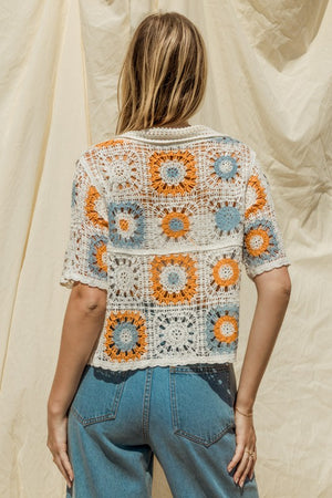 Short Sleeve Button Front Crochet Top