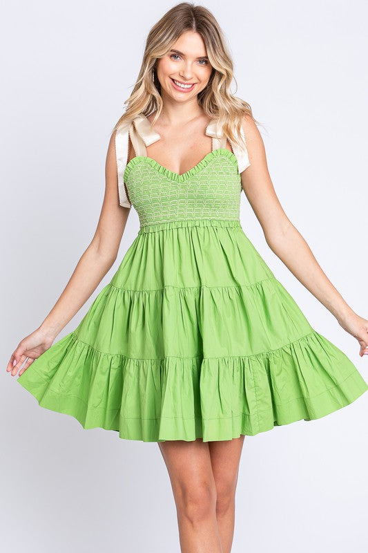 Women's Is This Fate Tiered Ribbon Strap Mini Dress in Lime Green - Size M Women's Is This Fate Tiered Ribbon Strap Mini Dress in Lime Green - Size M