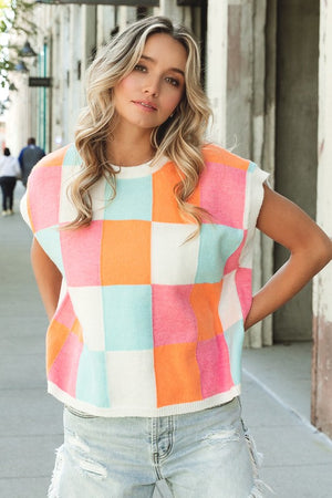 Multi-Color Checker Sweater Vest