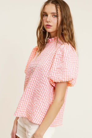 Gingham Check Print Puff Sleeve Top