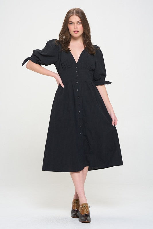 Jade By Jane Plus 3/4 Puff Slv Textured Button Down Midi Dress Black / 3X