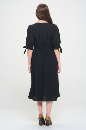 Puff Sleeve Button Down Midi Dress - Black, Off White - Plus Size