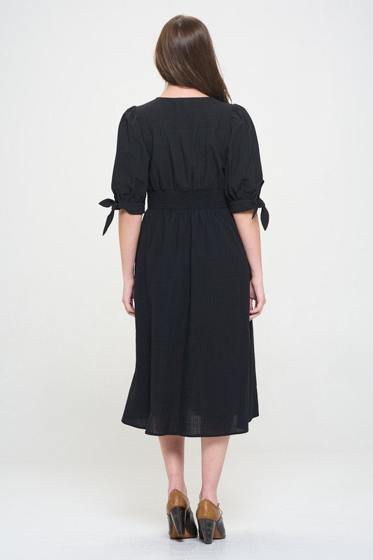v neck button down midi dress Jade By Jane 3/4 Puff Slv Texture Vneck Button Down Midi Dress OFF White / S